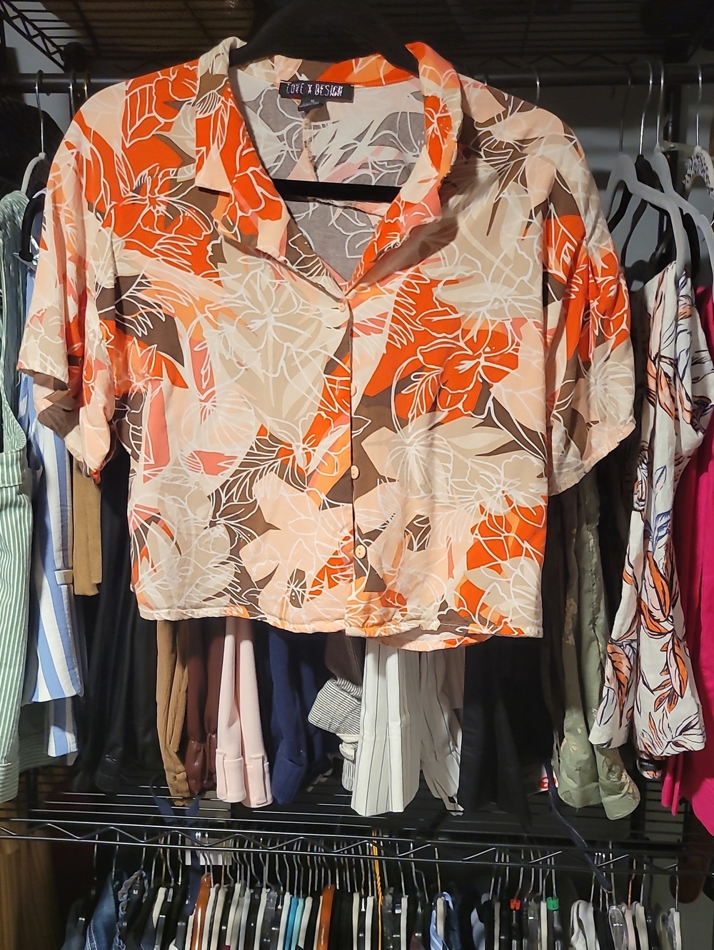 Love By Design Orange Floral Crop Button-Down Shirt